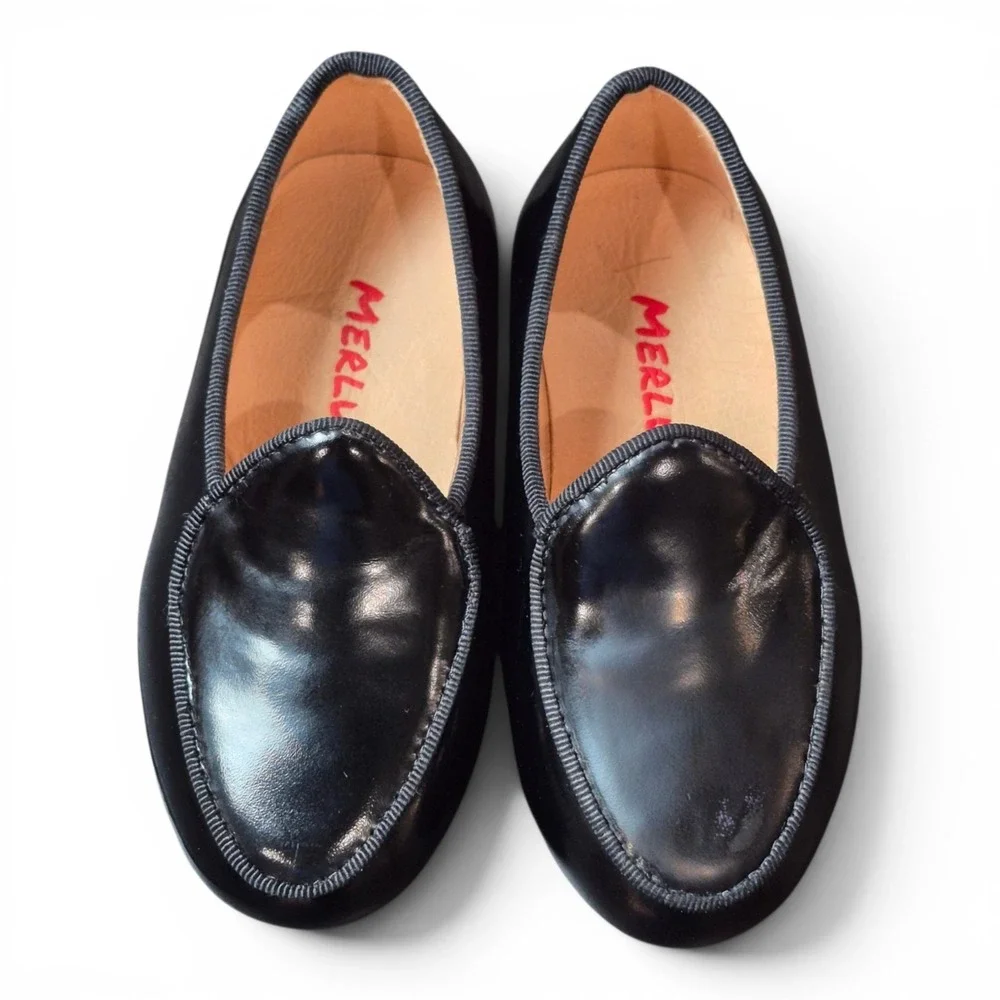 Merlutti Toddler 7 Belgian Loafers Black Leather Slip On Dress Shoes‎ Moc Toe